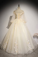 Champagne Tulle Lace Floor Length Formal Prom Dress, Off Shoulder Long Sleeve Formal Dress