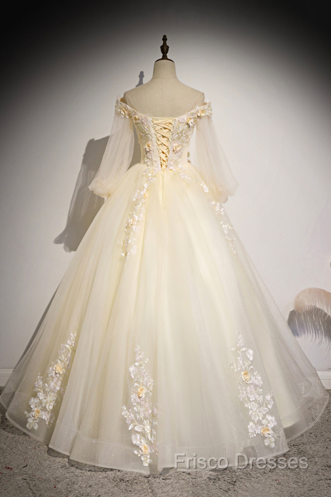 Champagne Tulle Lace Floor Length Formal Prom Dress, Off Shoulder Long Sleeve Formal Dress