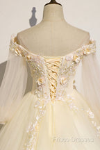 Champagne Tulle Lace Floor Length Formal Prom Dress, Off Shoulder Long Sleeve Formal Dress