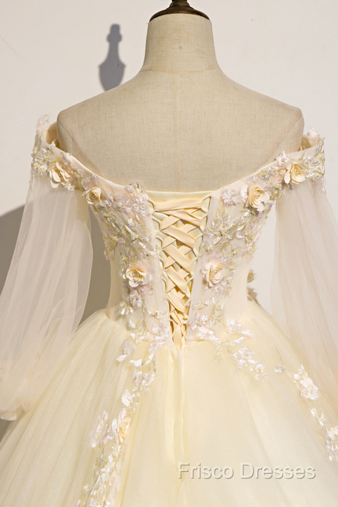 Champagne Tulle Lace Floor Length Formal Prom Dress, Off Shoulder Long Sleeve Formal Dress