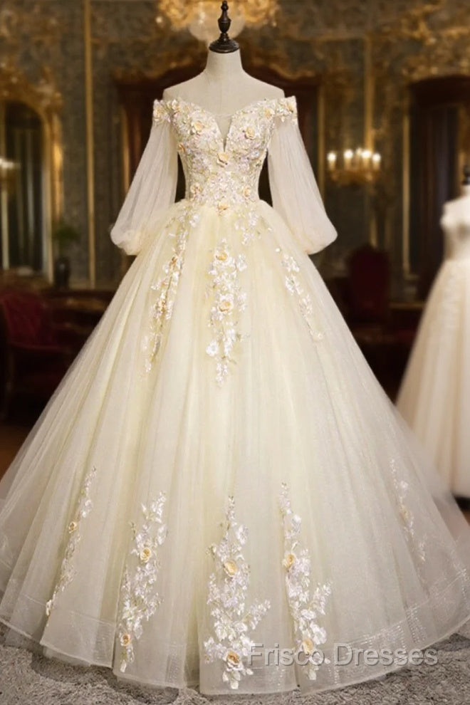 Champagne Tulle Lace Floor Length Formal Prom Dress, Off Shoulder Long Sleeve Formal Dress Main image