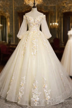 Champagne Tulle Lace Floor Length Formal Prom Dress, Off Shoulder Long Sleeve Formal Dress