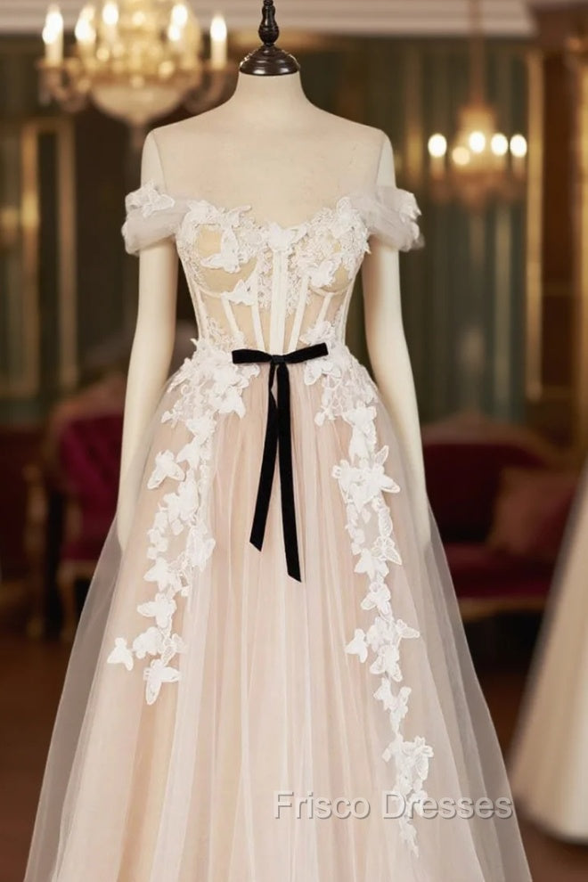 Champagne Tulle Lace Long Formal Prom Dress, A-Line Off the Shoulder Evening Dress Secondary image