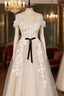 Champagne Tulle Lace Long Formal Prom Dress, A-Line Off the Shoulder Evening Dress