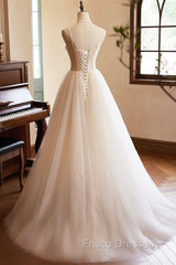 Champagne Tulle Lace Long Formal Prom Dress, A-Line Spaghetti Straps Backless Evening Dress
