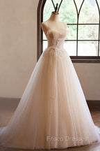 Champagne Tulle Lace Long Formal Prom Dress, A-Line Spaghetti Straps Backless Evening Dress