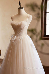 Champagne Tulle Lace Long Formal Prom Dress, A-Line Spaghetti Straps Backless Evening Dress