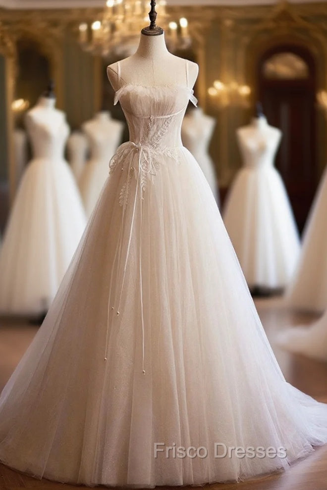 Champagne Tulle Lace Long Formal Prom Dress, A-Line Spaghetti Straps Backless Evening Dress Main image