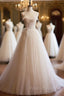 Champagne Tulle Lace Long Formal Prom Dress, A-Line Spaghetti Straps Backless Evening Dress