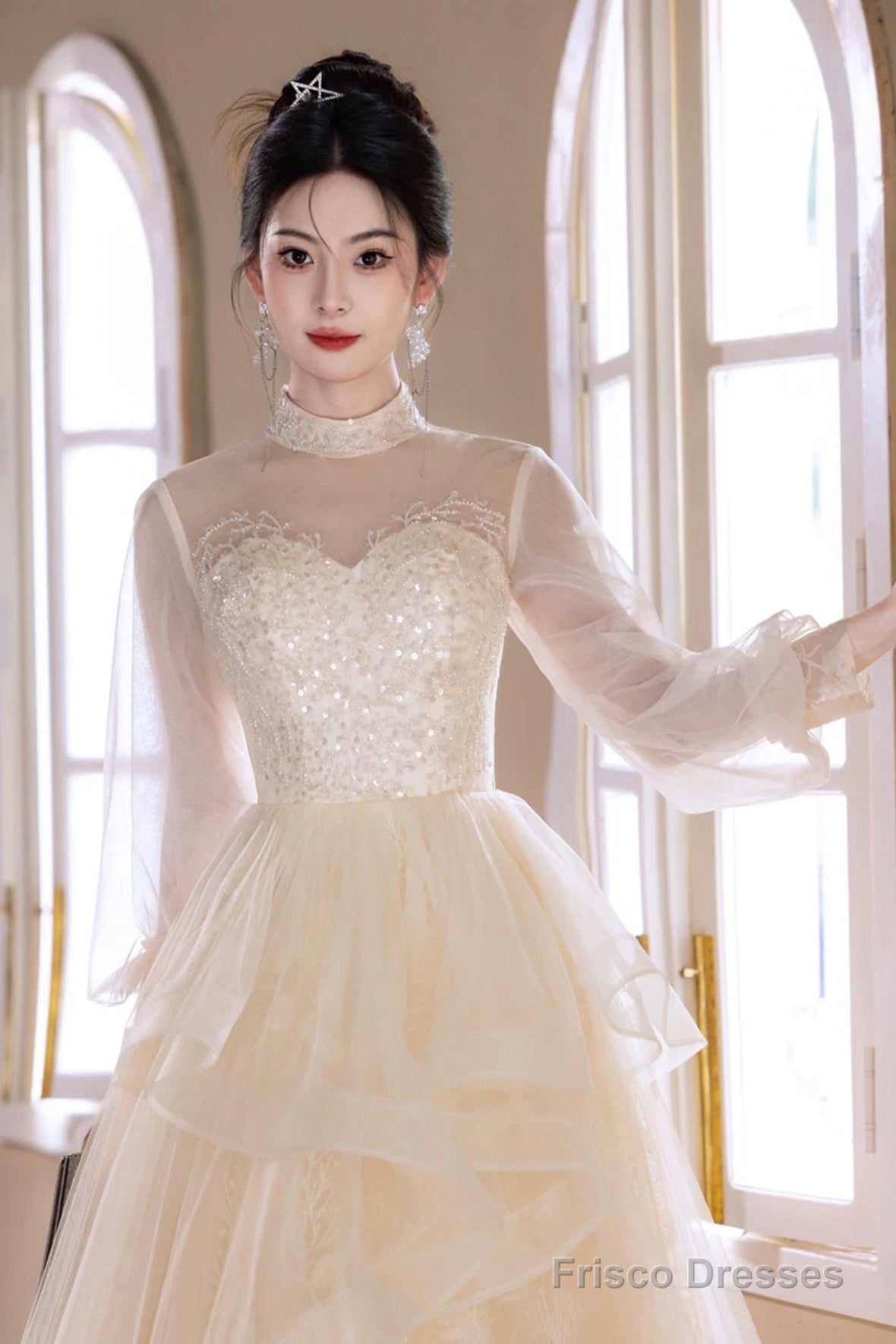 Champagne Tulle Lace Long Prom Dress, Beautiful Long Sleeve Evening Party Dress Secondary image