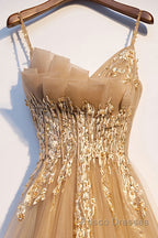 Champagne tulle lace long Formal Prom Dresses champagne formal Dresses