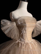Champagne Tulle Lace Long Formal Prom Dress, Champagne Formal Dress