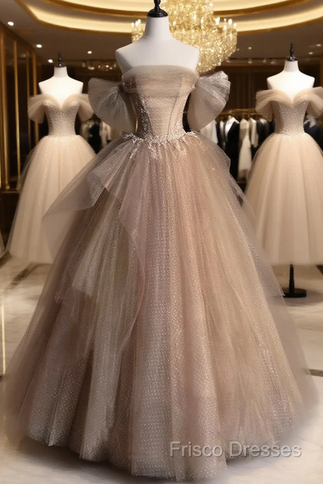 Champagne Tulle Lace Long Formal Prom Dress, Champagne Formal Dress