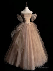 Champagne Tulle Lace Long Prom Dress, Champagne Formal Evening Dress