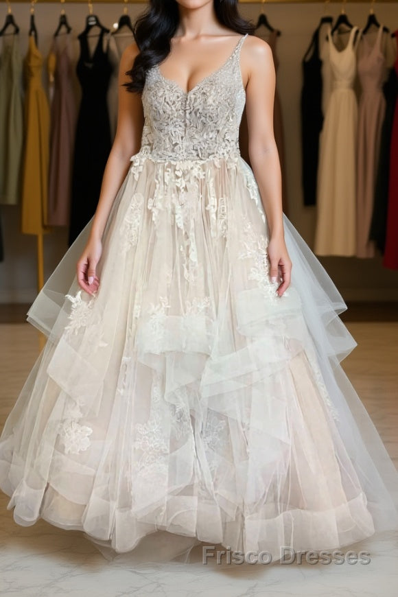 Champagne tulle lace long Formal Prom Dresses champagne lace evening Dresses