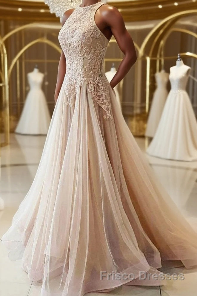 Champagne tulle lace long Formal Prom Dresses, champagne tulle evening Dresses