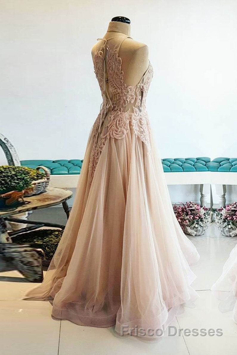 Champagne tulle lace long Formal Prom Dresses, champagne tulle evening Dresses