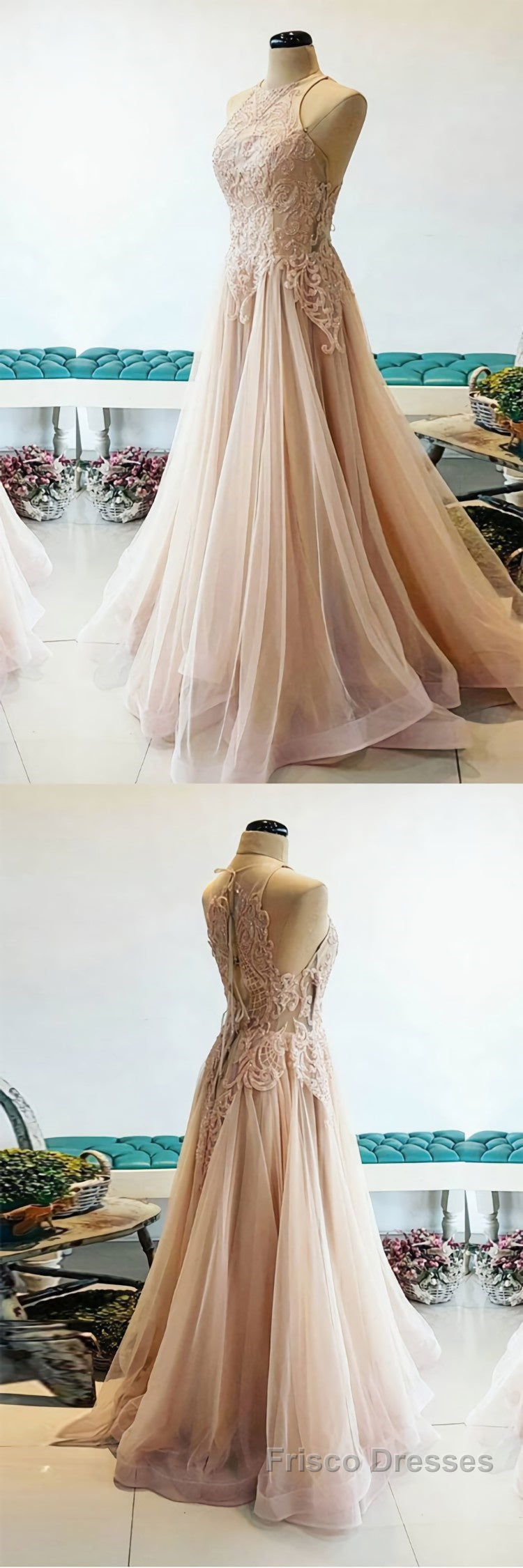 Champagne tulle lace long Formal Prom Dresses, champagne tulle evening Dresses