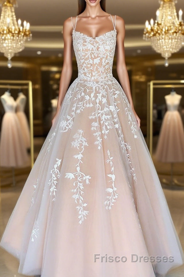 Champagne tulle lace long Formal Prom Dresses, champagne tulle formal Dresses Main image