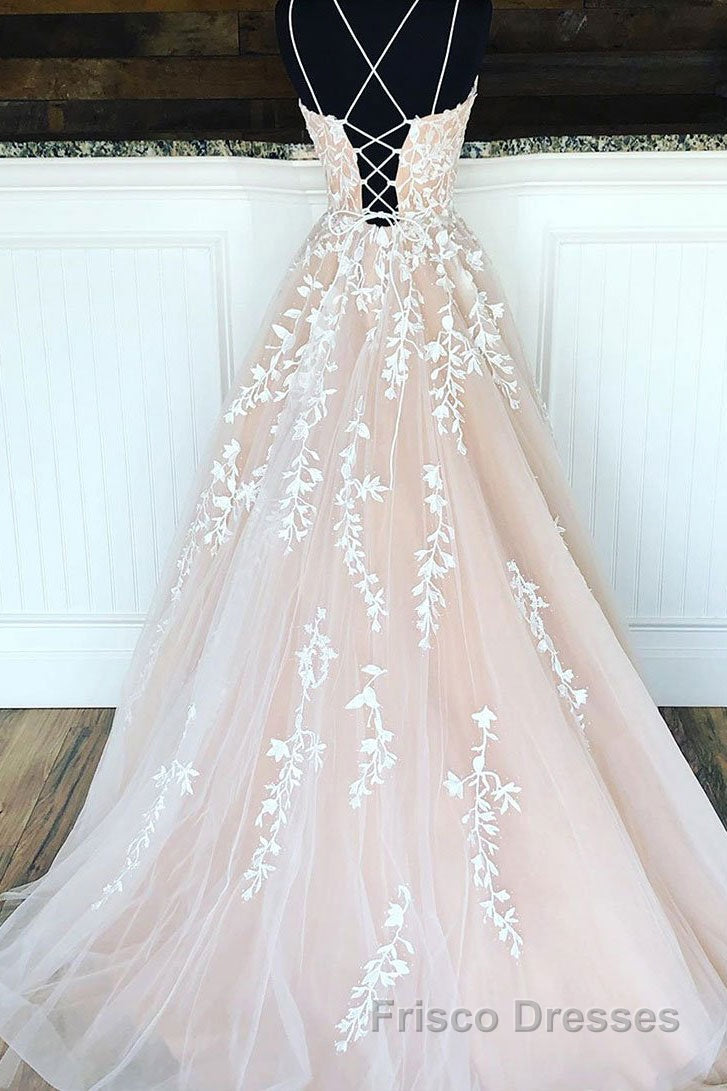 Champagne tulle lace long Formal Prom Dresses, champagne tulle formal Dresses