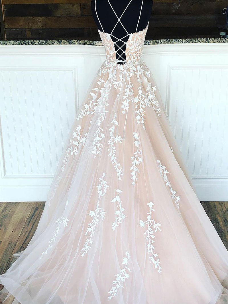 Champagne Tulle Lace Long Prom Dress Lace Tulle Evening Dress