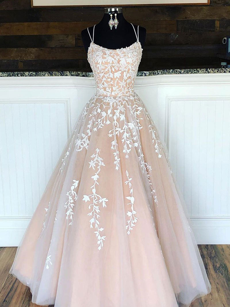 Champagne Tulle Lace Long Prom Dress Lace Tulle Evening Dress Main image