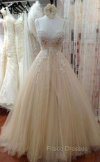 Champagne Tulle Lace Long Formal Prom Dress, Lace Wedding Dress
