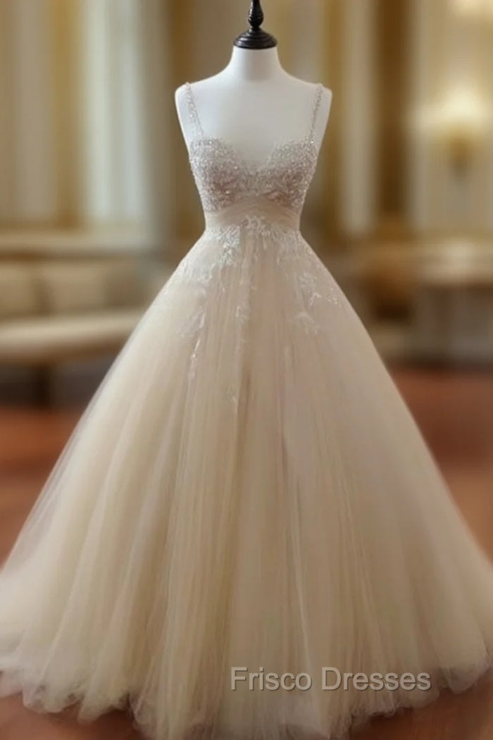 Champagne Tulle Lace Long Formal Prom Dress, Lace Wedding Dress Main image