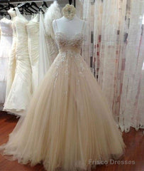 Champagne Tulle Lace Long Prom Dress, Lace Wedding Dress