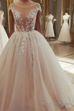 Champagne tulle lace long Formal Prom Dresses, tulle evening Dresses