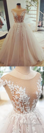 Champagne tulle lace long Formal Prom Dresses, tulle evening Dresses