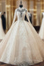 Champagne Tulle Lace Long Sleeve High Neck Backless Wedding Dress With Pearls