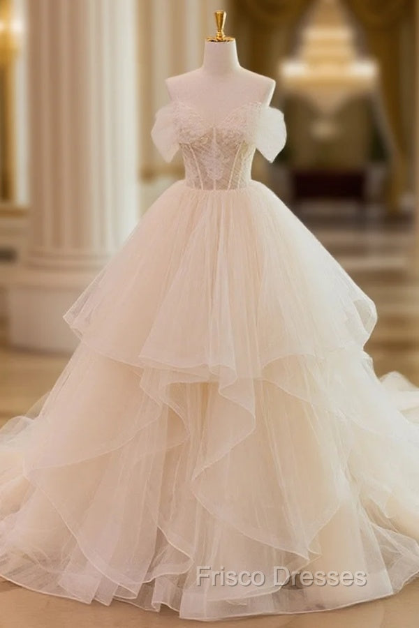 Champagne Tulle Lace Long Wedding Dress, Lace Tulle Wedding Gown Main image