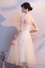 Champagne Tulle Lace Short A Line Homecoming Dress