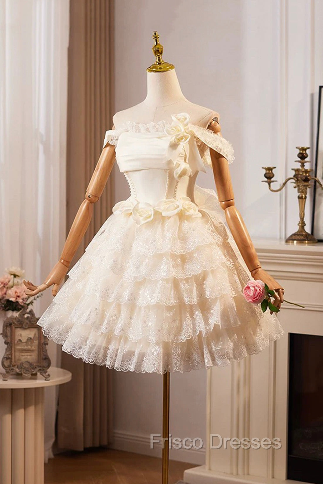 Champagne Tulle Lace Short Formal Prom Dress Homecoming Dress, Lovely A-Line Party Dress