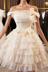 Champagne Tulle Lace Short Formal Prom Dress Homecoming Dress, Lovely A-Line Party Dress