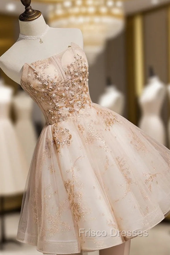 Champagne Tulle Lace Short Formal Prom Dress, Puffy Champagne Homecoming Dress Secondary image