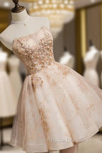 Champagne Tulle Lace Short Formal Prom Dress, Puffy Champagne Homecoming Dress