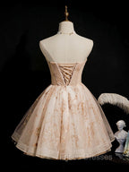 Champagne Tulle Lace Short Formal Prom Dress, Puffy Champagne Homecoming Dress