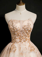 Champagne Tulle Lace Short Formal Prom Dress, Puffy Champagne Homecoming Dress