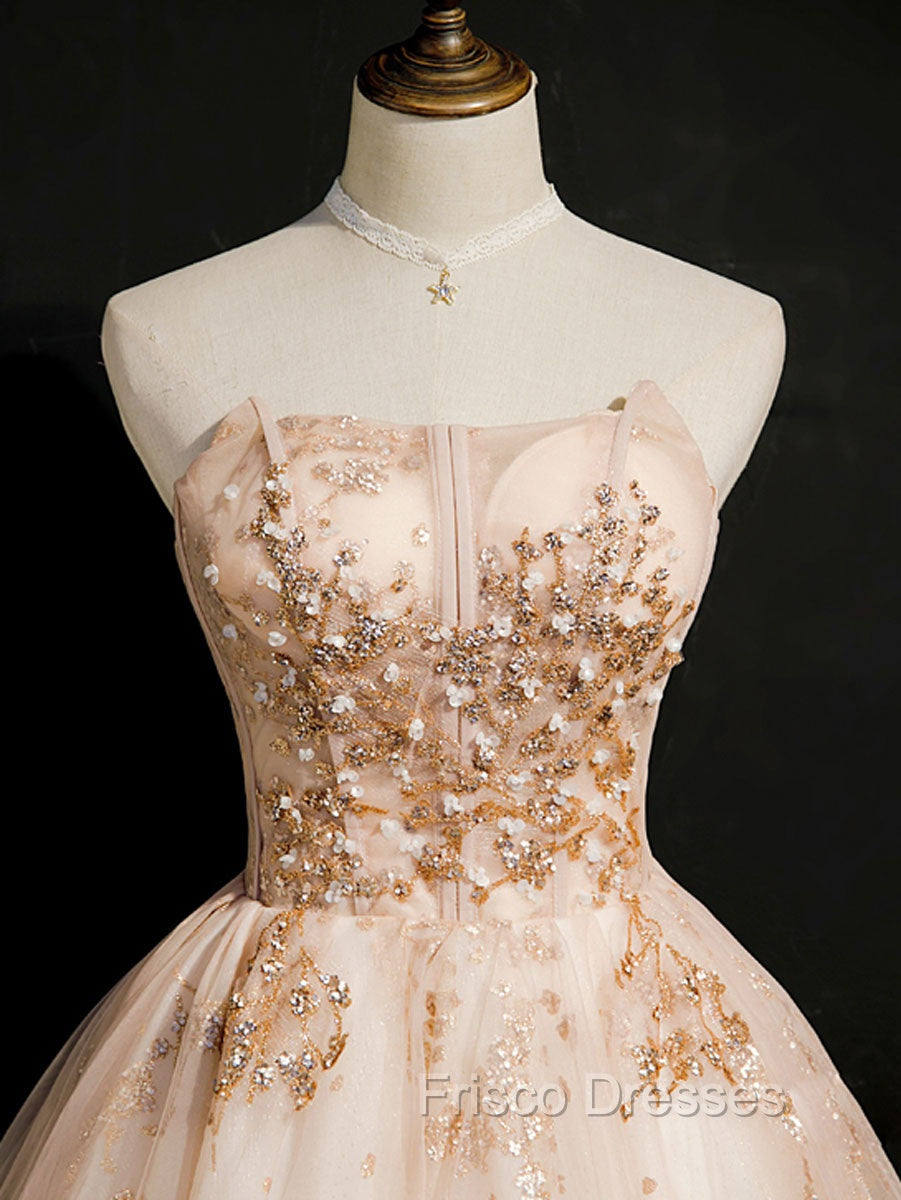 Champagne Tulle Lace Short Formal Prom Dress, Puffy Champagne Homecoming Dress