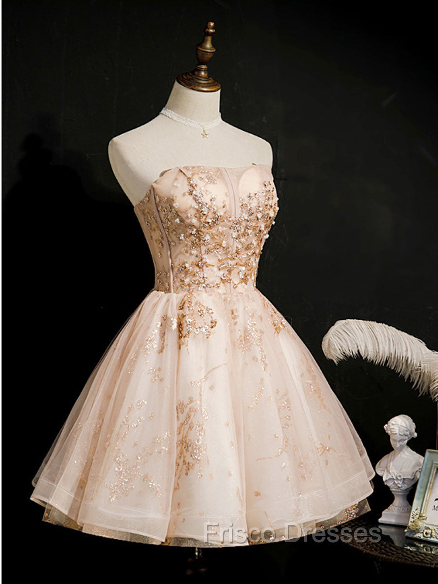 Champagne Tulle Lace Short Formal Prom Dress, Puffy Champagne Homecoming Dress Main image