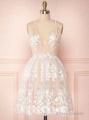 Champagne Tulle Lace Spaghetti Straps Homecoming Dress