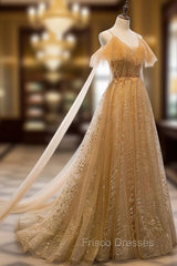 Champagne Tulle Lace V-neckline Beaded Unique Floor Length Party Dress, New Formal Prom Dress Evening Dress