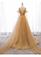 Champagne Tulle Lace V-neckline Beaded Unique Floor Length Party Dress, New Formal Prom Dress Evening Dress
