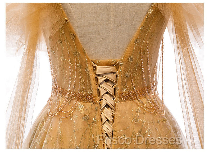 Champagne Tulle Lace V-neckline Beaded Unique Floor Length Party Dress, New Formal Prom Dress Evening Dress