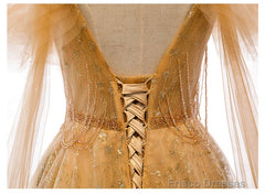 Champagne Tulle Lace V-neckline Beaded Unique Floor Length Party Dress, New Prom Dress Evening Dress