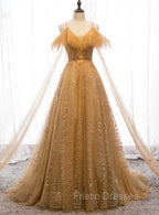 Champagne Tulle Lace V-neckline Beaded Unique Floor Length Party Dress, New Formal Prom Dress Evening Dress