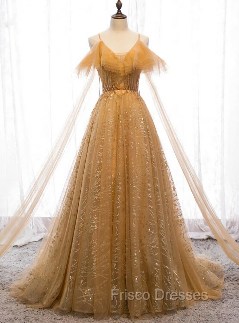 Champagne Tulle Lace V-neckline Beaded Unique Floor Length Party Dress, New Formal Prom Dress Evening Dress