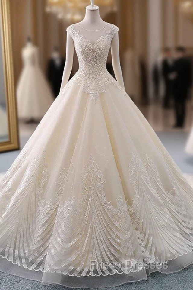 Champagne Tulle Lace With Beading Backless Wedding Dress Main image